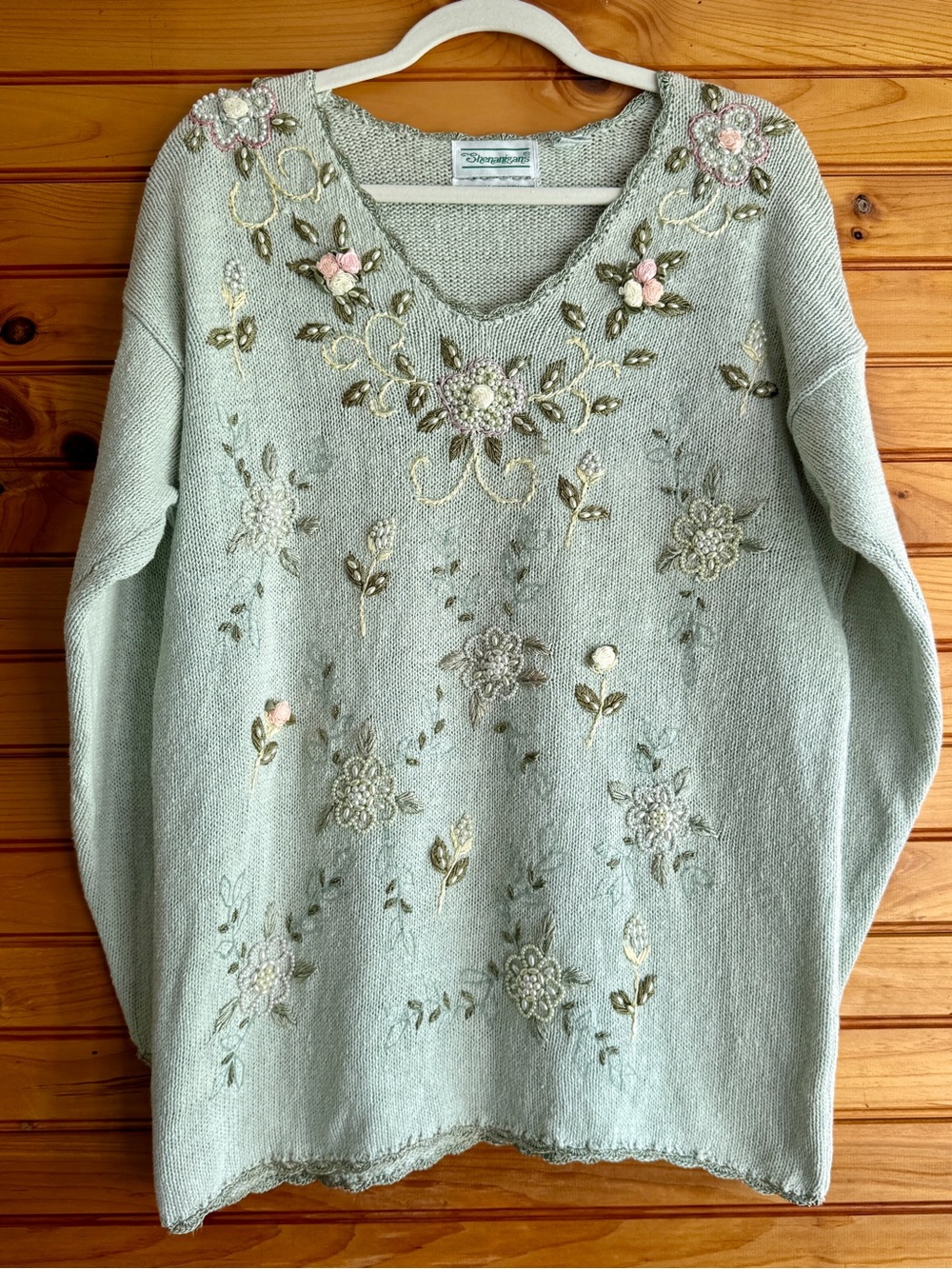 Vintage Shenanigans Beaded Floral Sweater Mint Green Pearl Embroidered Ramie L